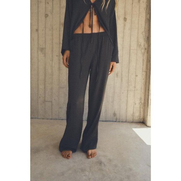 Zara Women Pyjama Style Trousers Pants XL Black Mid Rise Wide Leg 5427/502 NWT - Picture 1 of 13